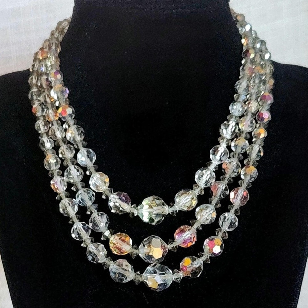 Vintage Smoky Gray AB Choker – 3 Strand Mid Century Faceted Statement Necklace